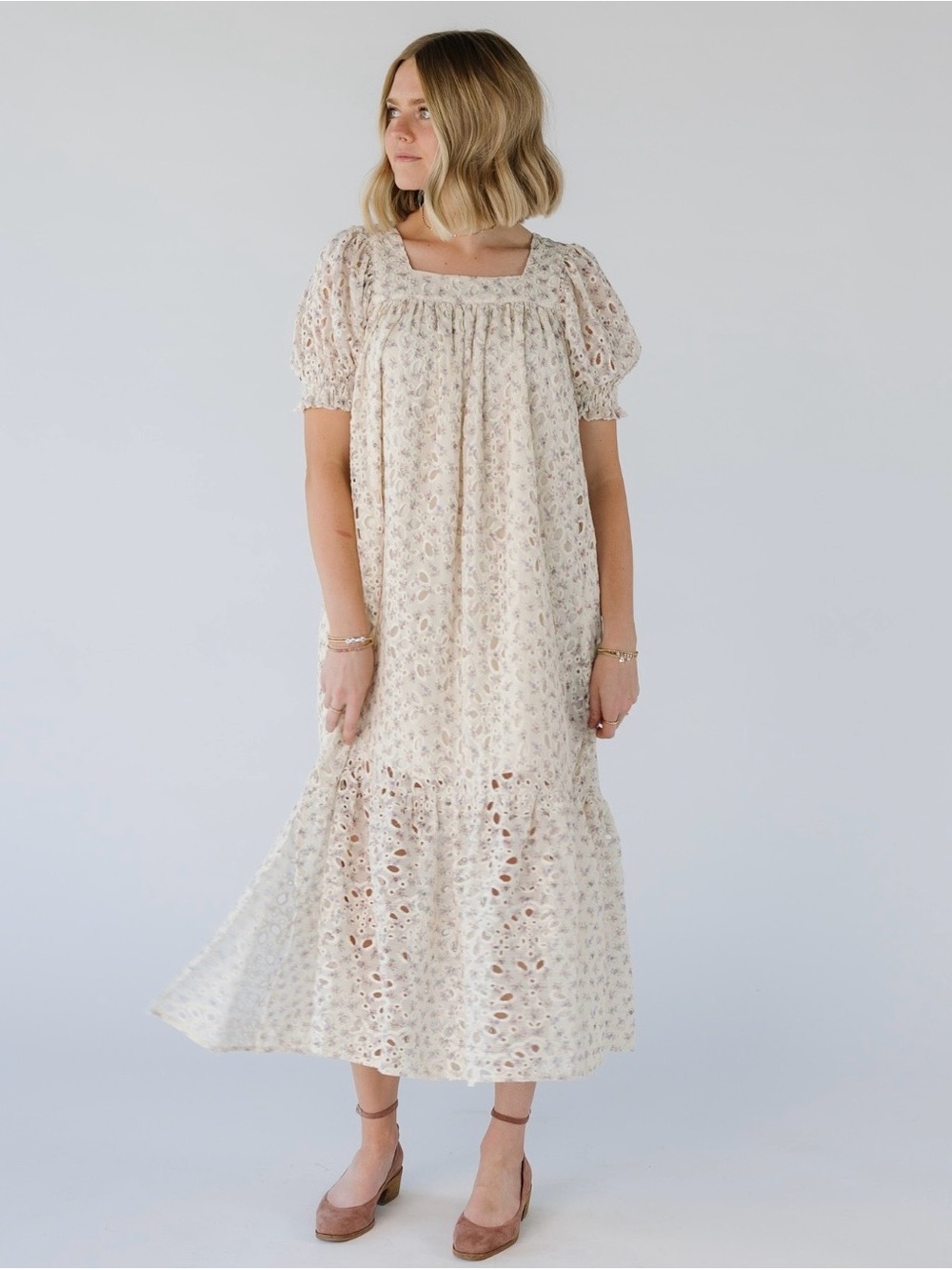 Cream Floral Eyelet Midi Dress with Square Neck